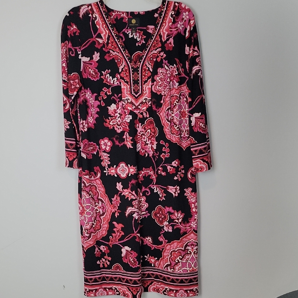 JM Collection Black and Pink Shift  Long Sleeve Dress size medium